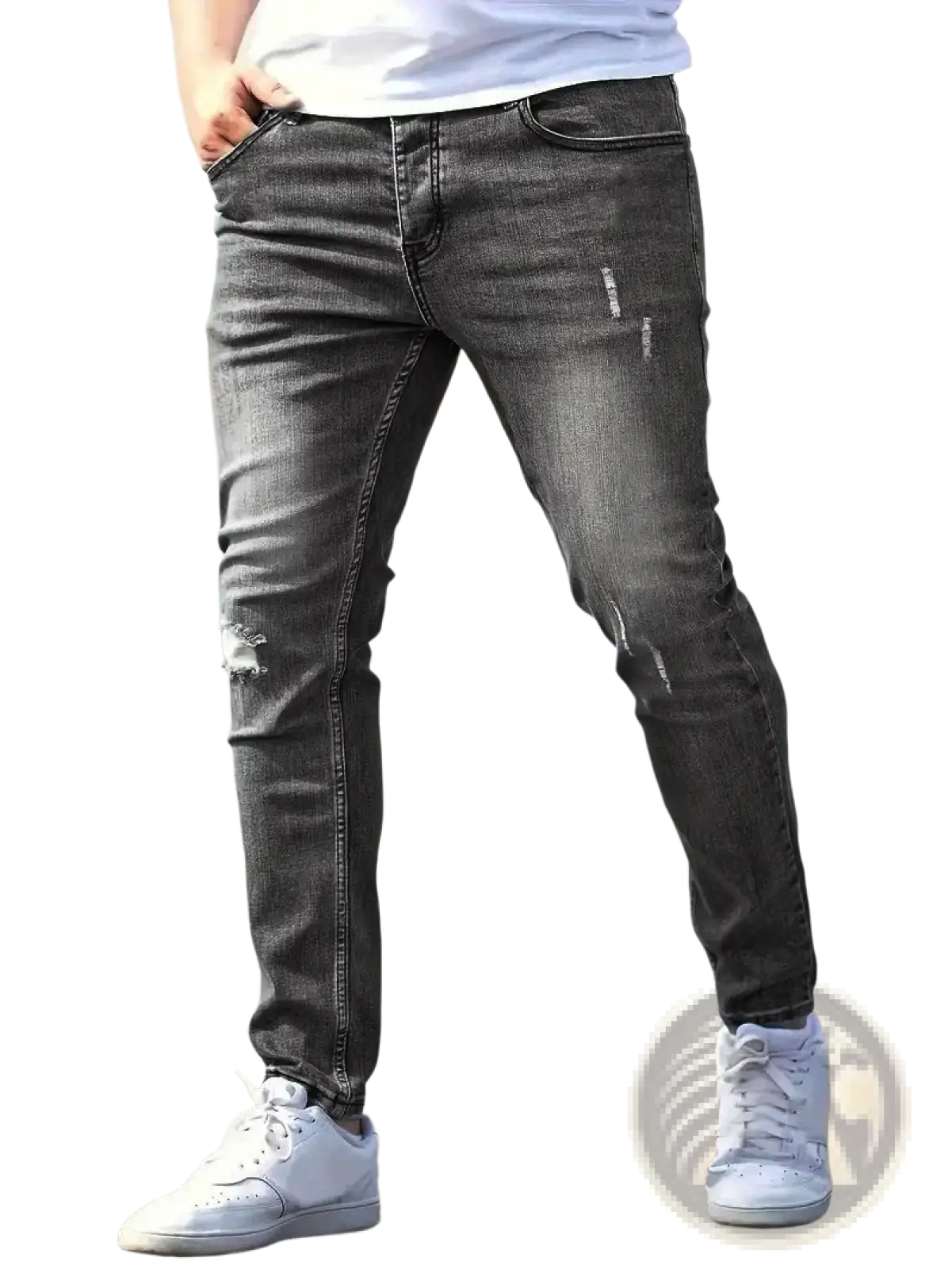 Dark gray distressed denim men skinny jeans with ripped knee details vintage slim fit pants
