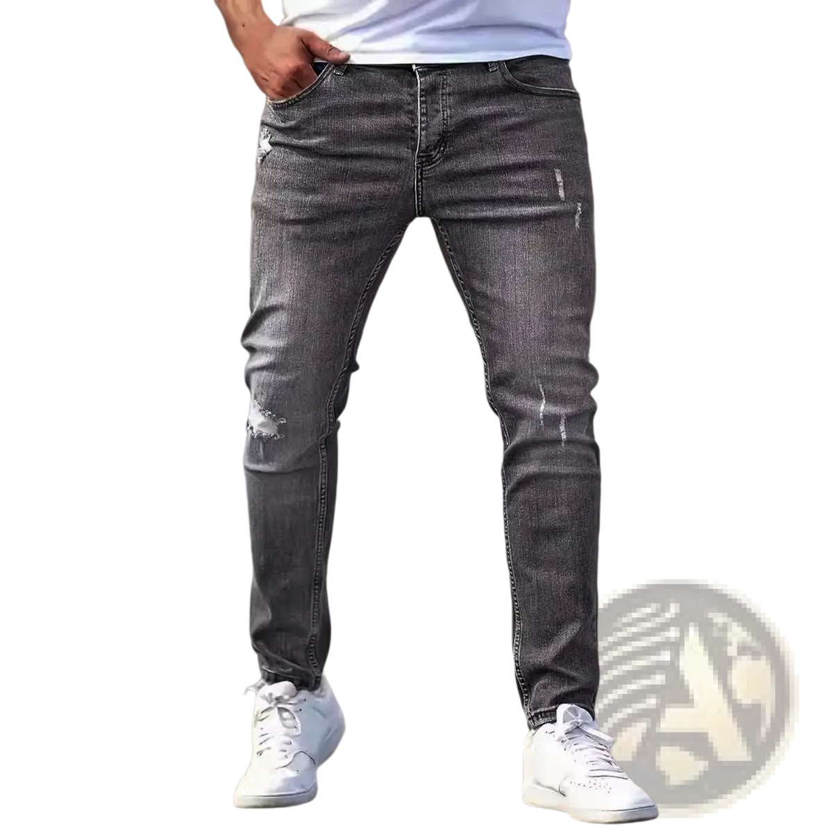Men distressed skinny jeans in dark gray distressed denim with ripped knee details and vintage slim fit design
