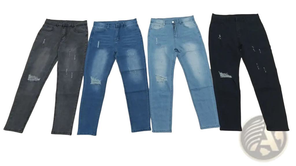 Men distressed skinny jeans vintage slim fit denim pants in dark gray medium blue light wash and black with knee rips