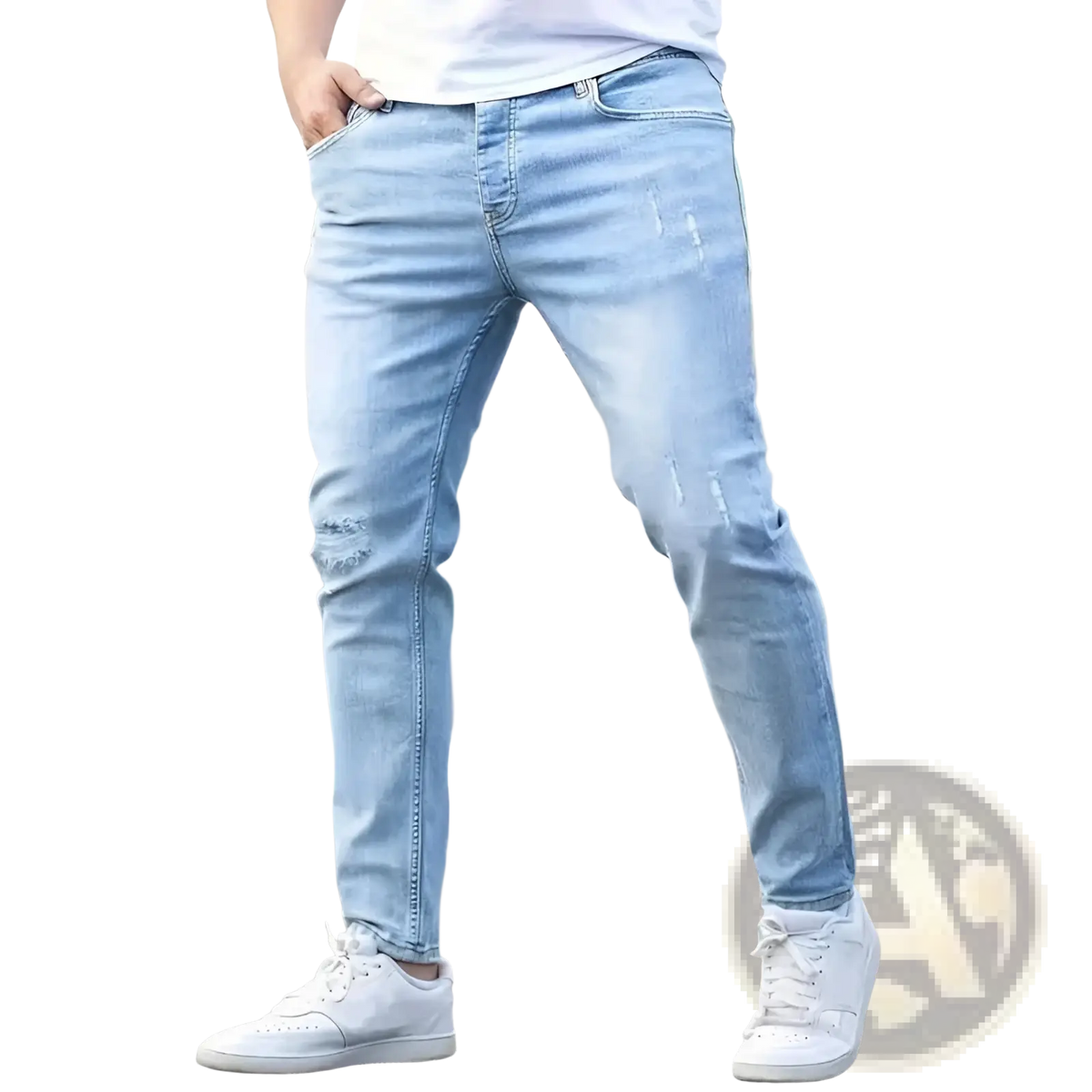 Men distressed skinny jeans in light-wash denim with ripped details on knees and thighs slim fit vintage style pants