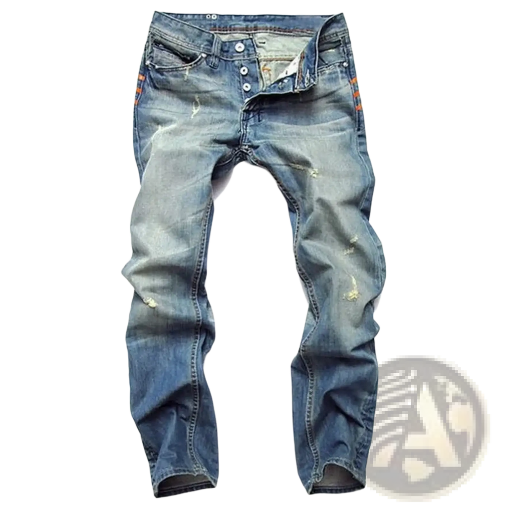 Men distressed slim fit denim pencil pants in blue washed denim with faded wash and subtle orange stitching accents