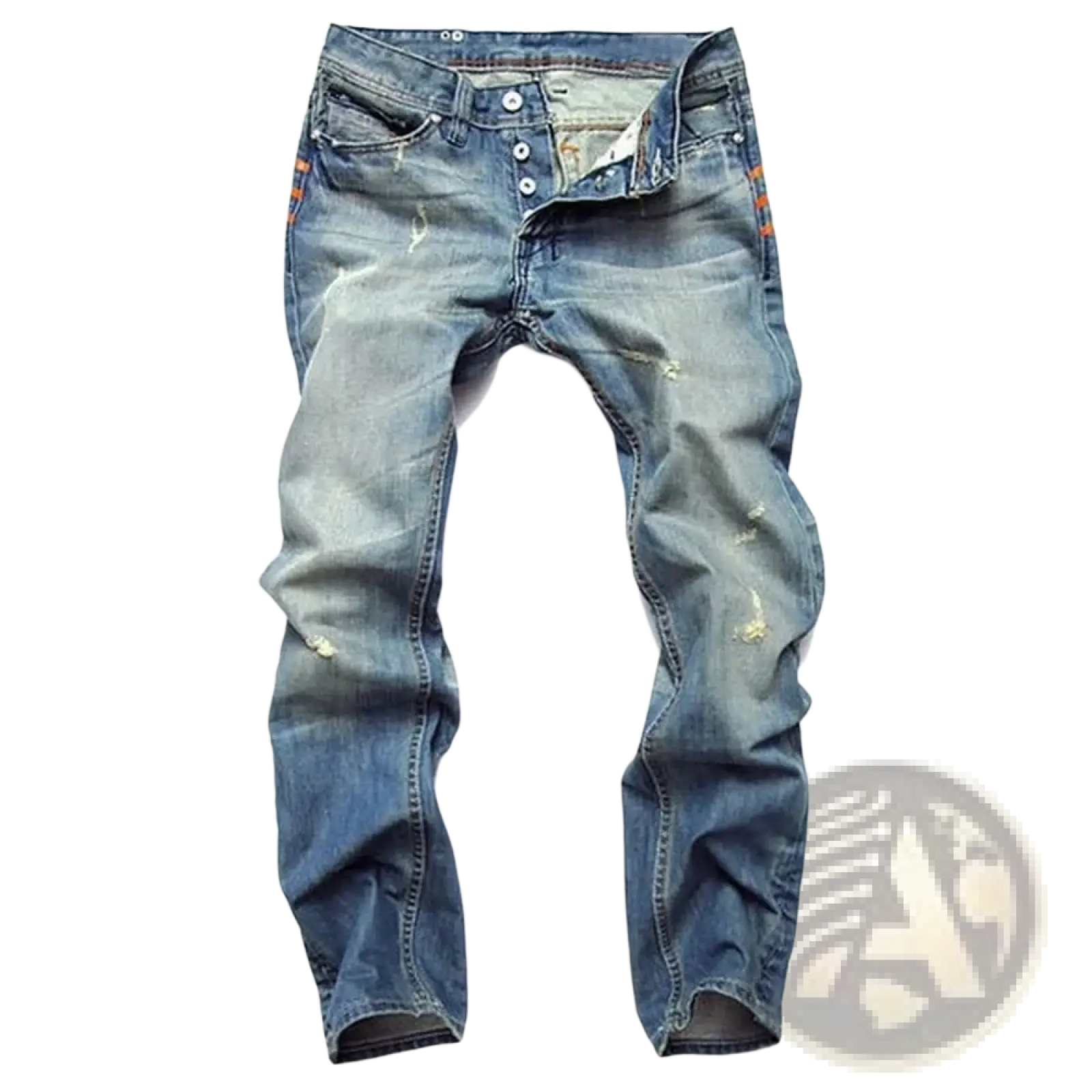 Men distressed slim fit denim pencil pants in blue washed denim with faded wash and subtle orange stitching accents