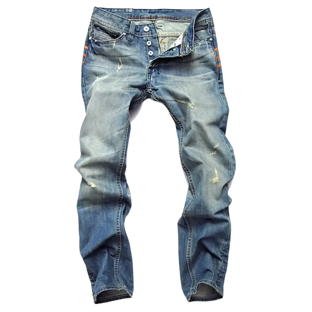Men distressed slim fit denim pencil pants in blue washed denim with faded wash and subtle orange stitching accents