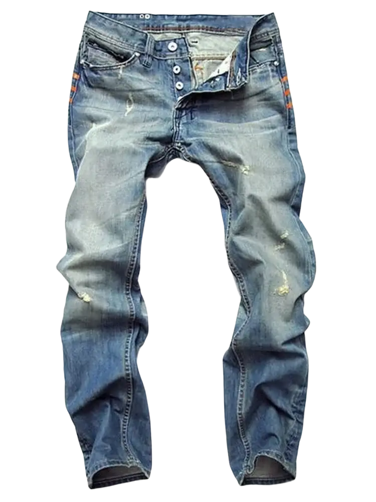 Men distressed slim fit denim pencil pants in blue with faded wash and subtle orange stitching accents