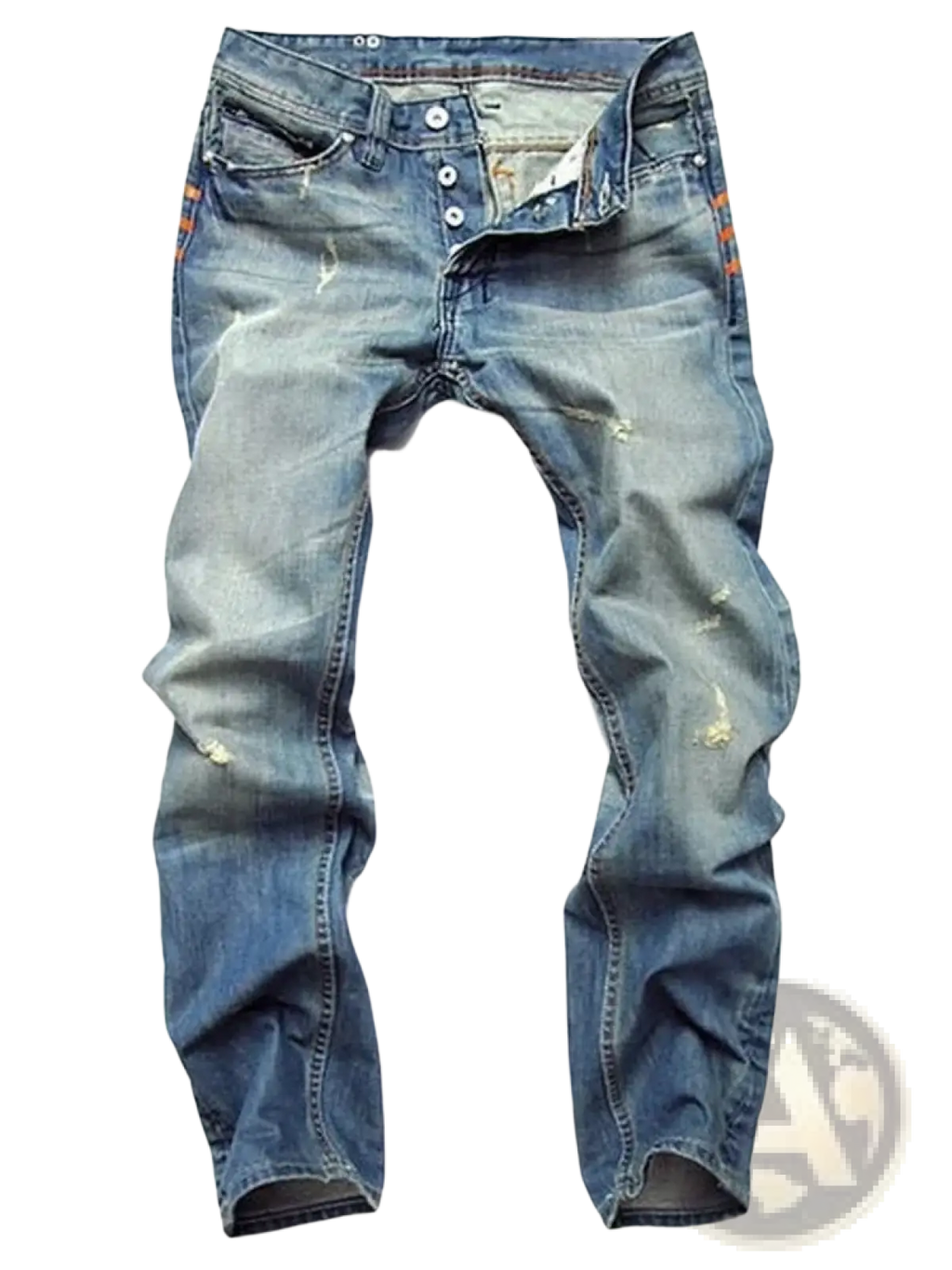 Men distressed slim fit denim pencil pants in blue with faded wash and subtle orange stitching accents
