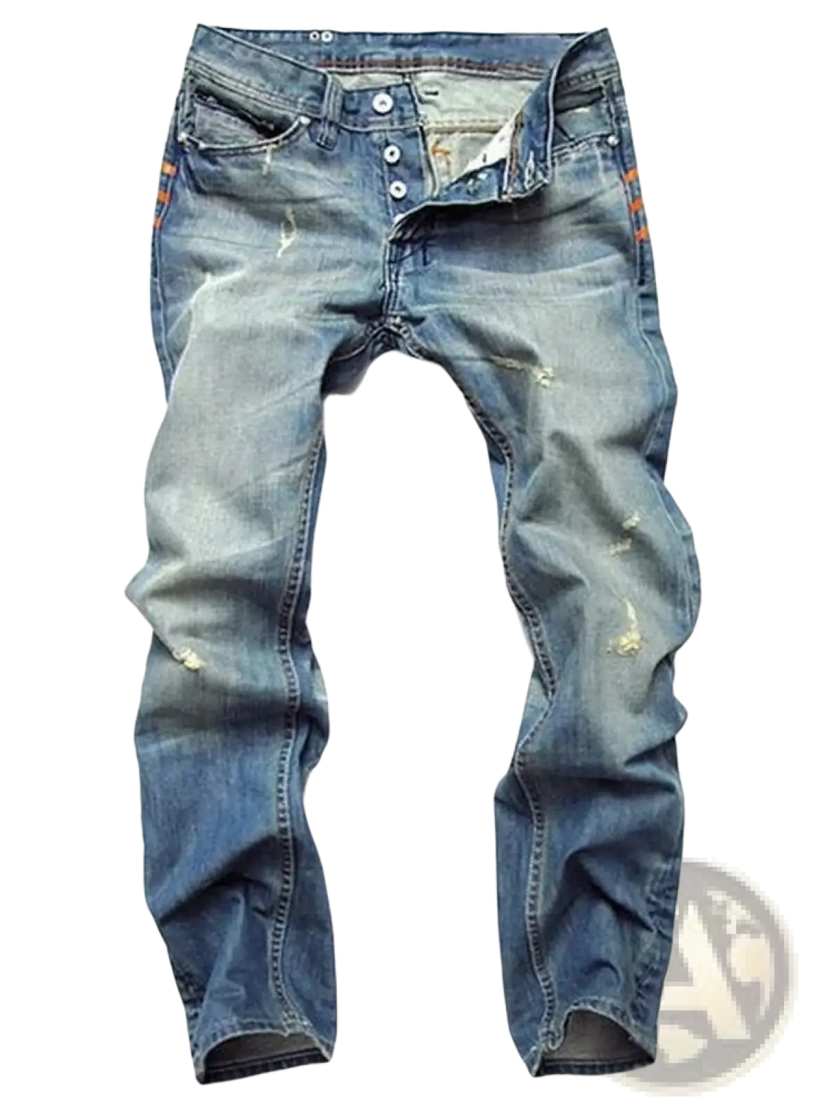 Men distressed slim fit denim pencil pants in blue with faded wash and subtle orange stitching accents