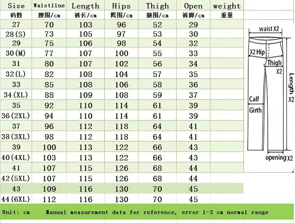 Size chart for men distressed slim fit denim pencil pants with waistline length hips thigh open width and weight in cm