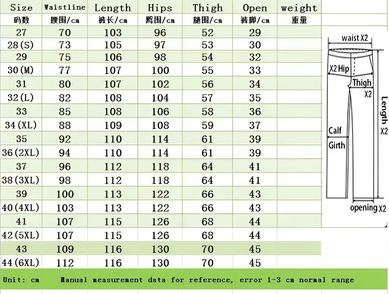 Size chart for men distressed slim fit denim pencil pants with waistline length hips thigh open width and weight in cm
