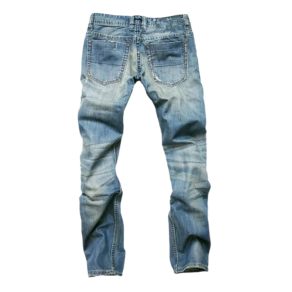 Men distressed slim fit denim pencil pants back view in washed blue denim with faded distressed look and classic pockets