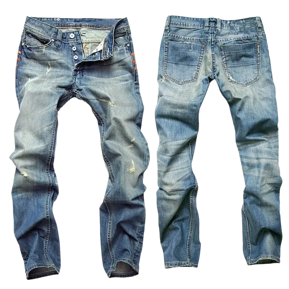 Men distressed slim fit denim pencil pants in washed blue with slim fit and distressed details