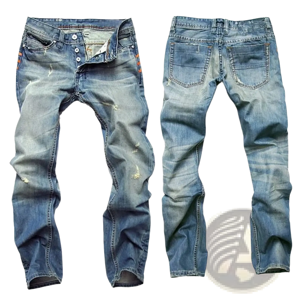 Men distressed slim fit denim pencil pants in washed blue with slim fit and distressed details