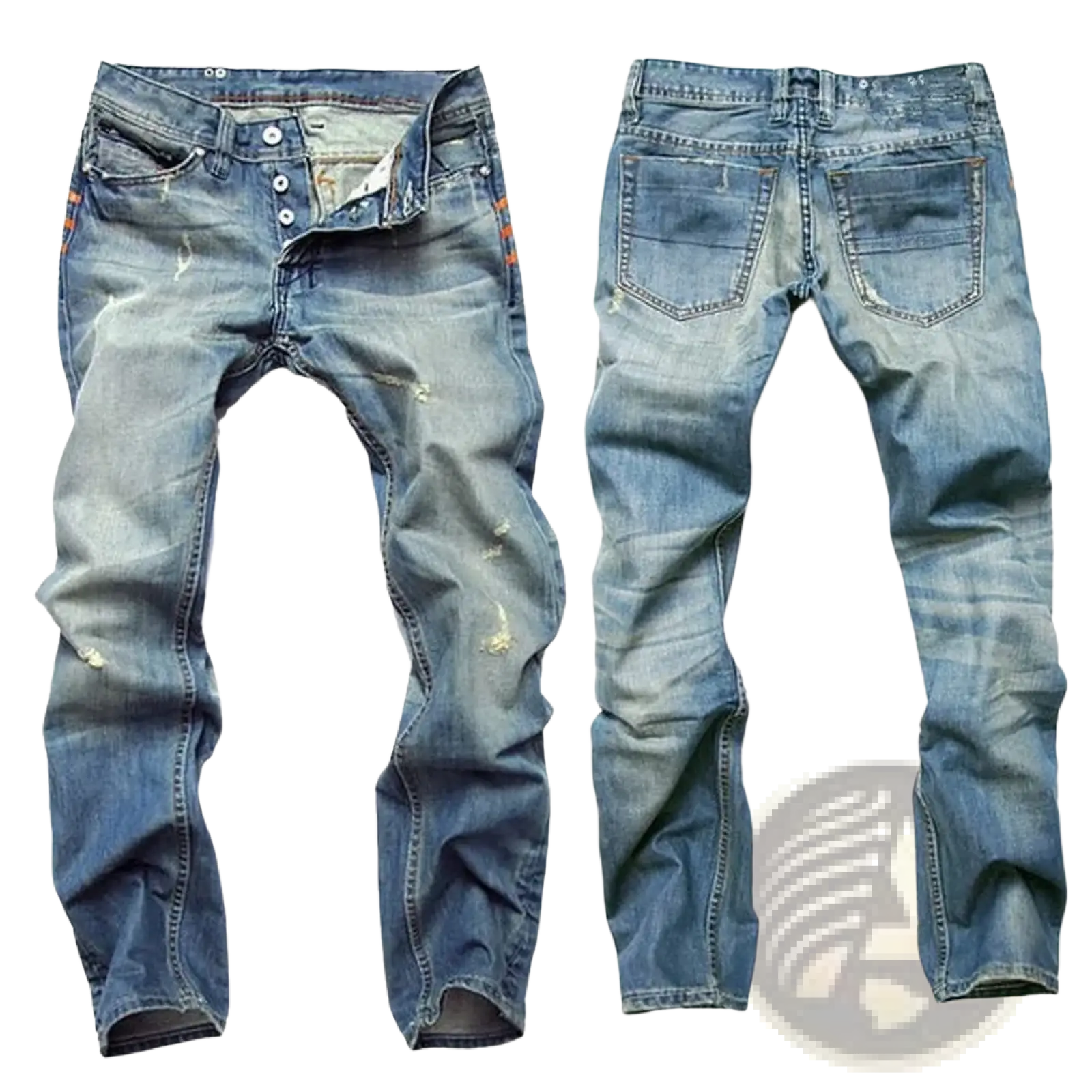 Men distressed slim fit denim pencil pants in washed blue with slim fit and distressed details