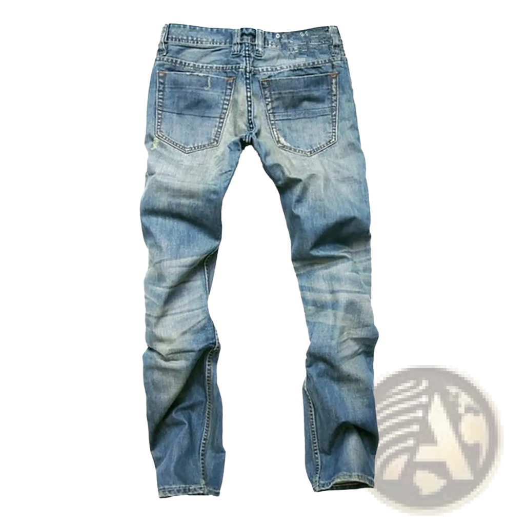 Was washed blue denim jeans with a faded distressed look and classic back pockets shown from the back side