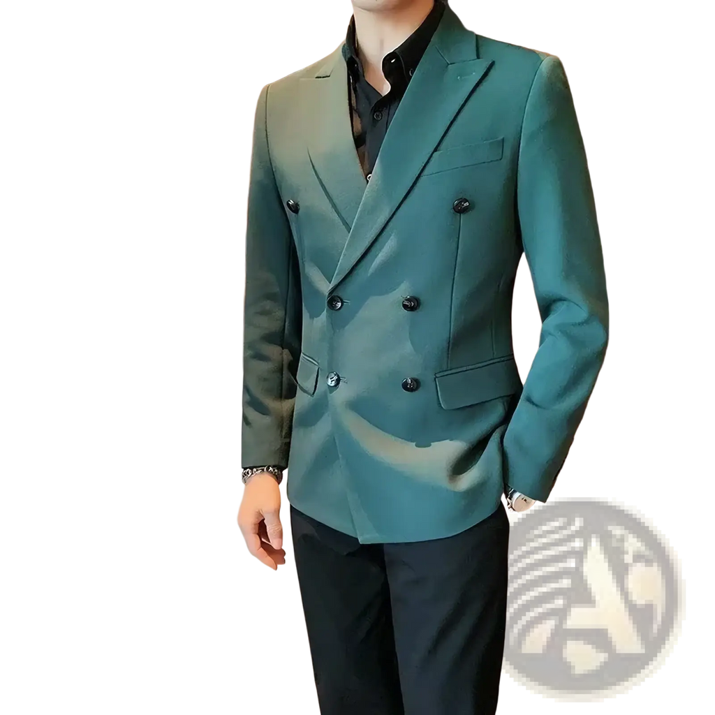 A sleek teal double-breasted slim blazer with black buttons suitable for business wear and tailored fit