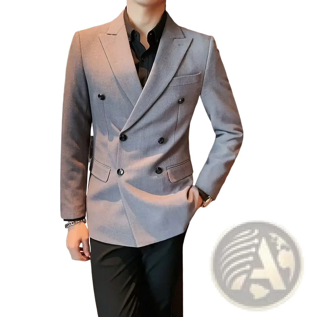 Men double breasted slim blazer gray with black buttons and subtle textured weave for business suit occasions