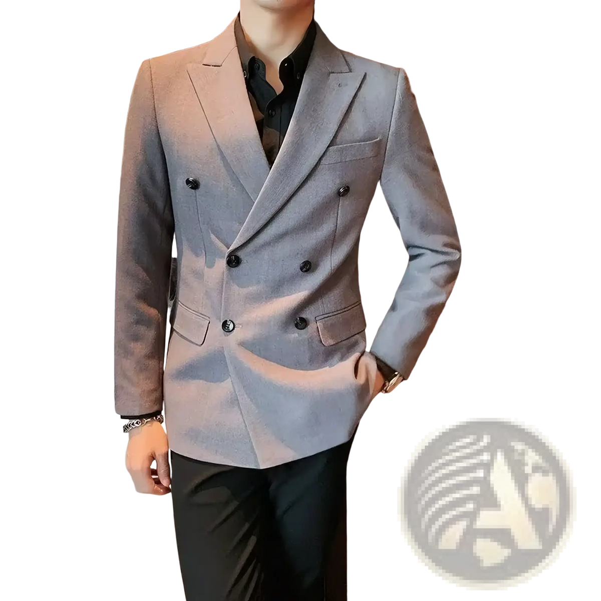 Men double breasted slim blazer gray with black buttons and subtle textured weave for business suit occasions