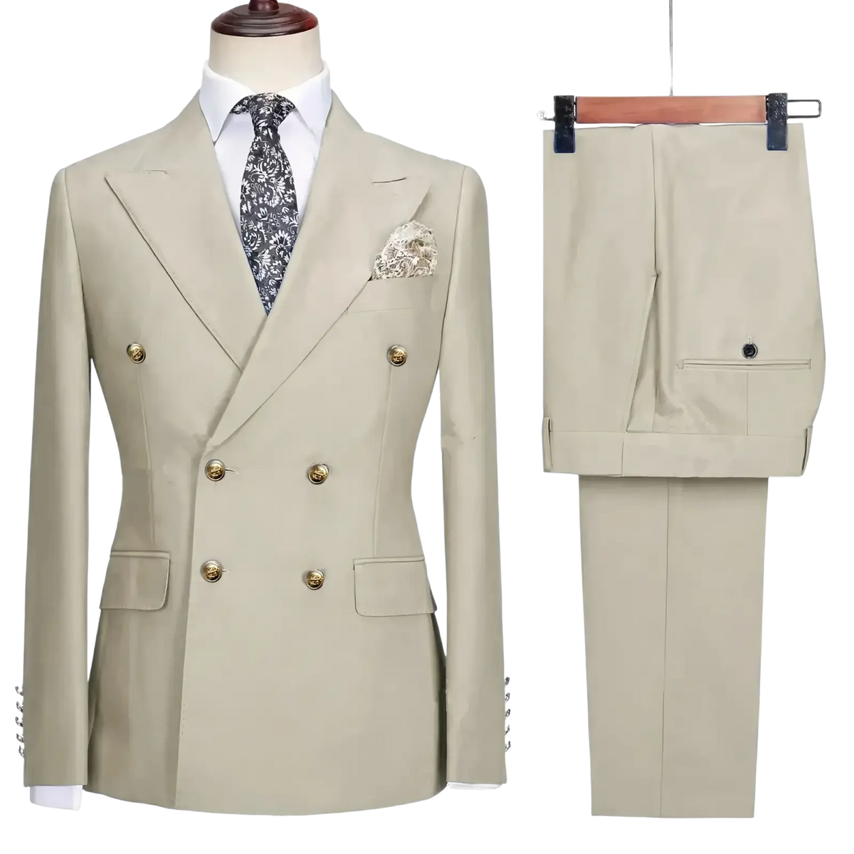 Beige men double breasted slim fit suit set with gold buttons featuring a matching pair of trousers