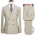 Beige men double breasted slim fit suit set with gold buttons featuring a matching pair of trousers