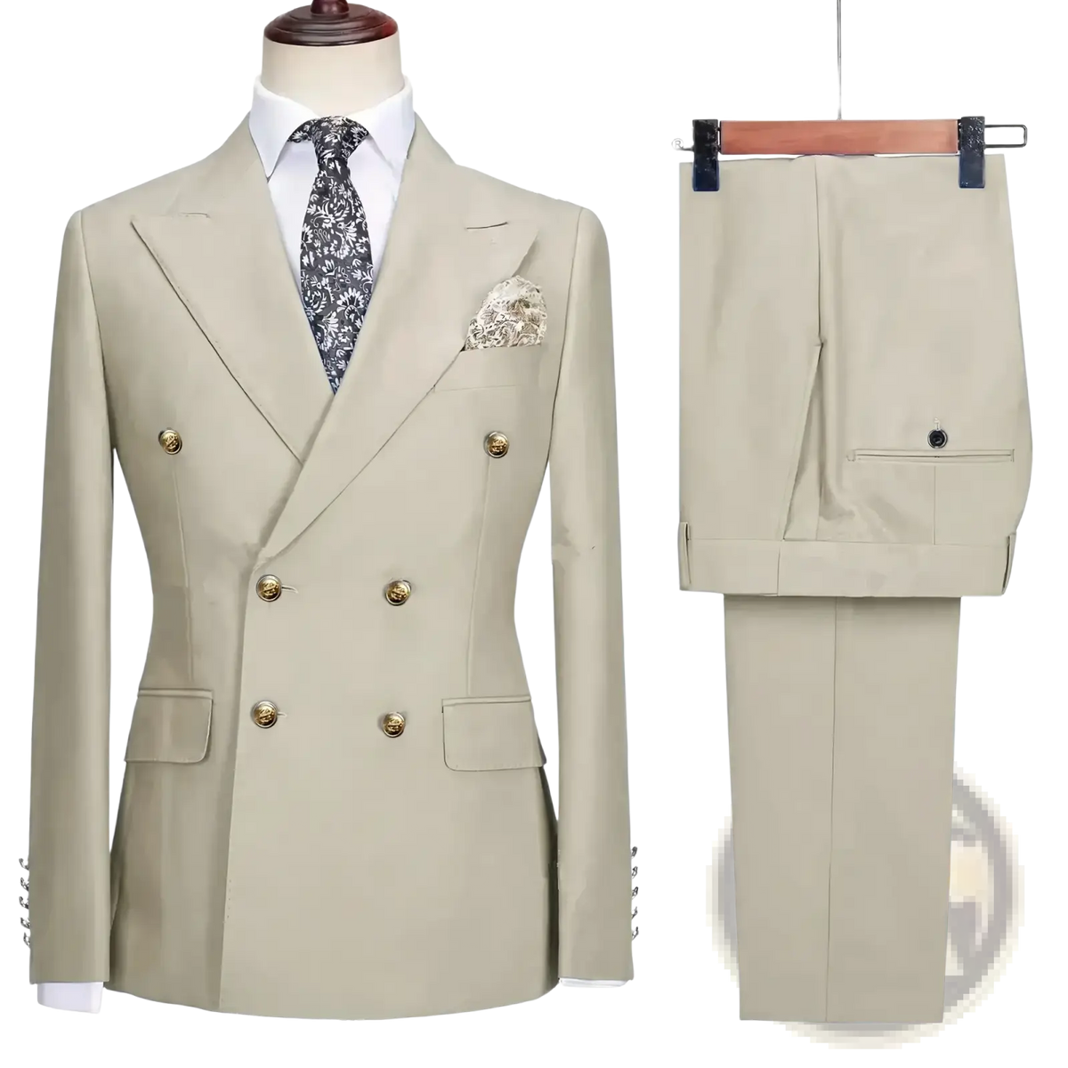 Beige men double breasted slim fit suit set with gold buttons featuring a matching pair of trousers