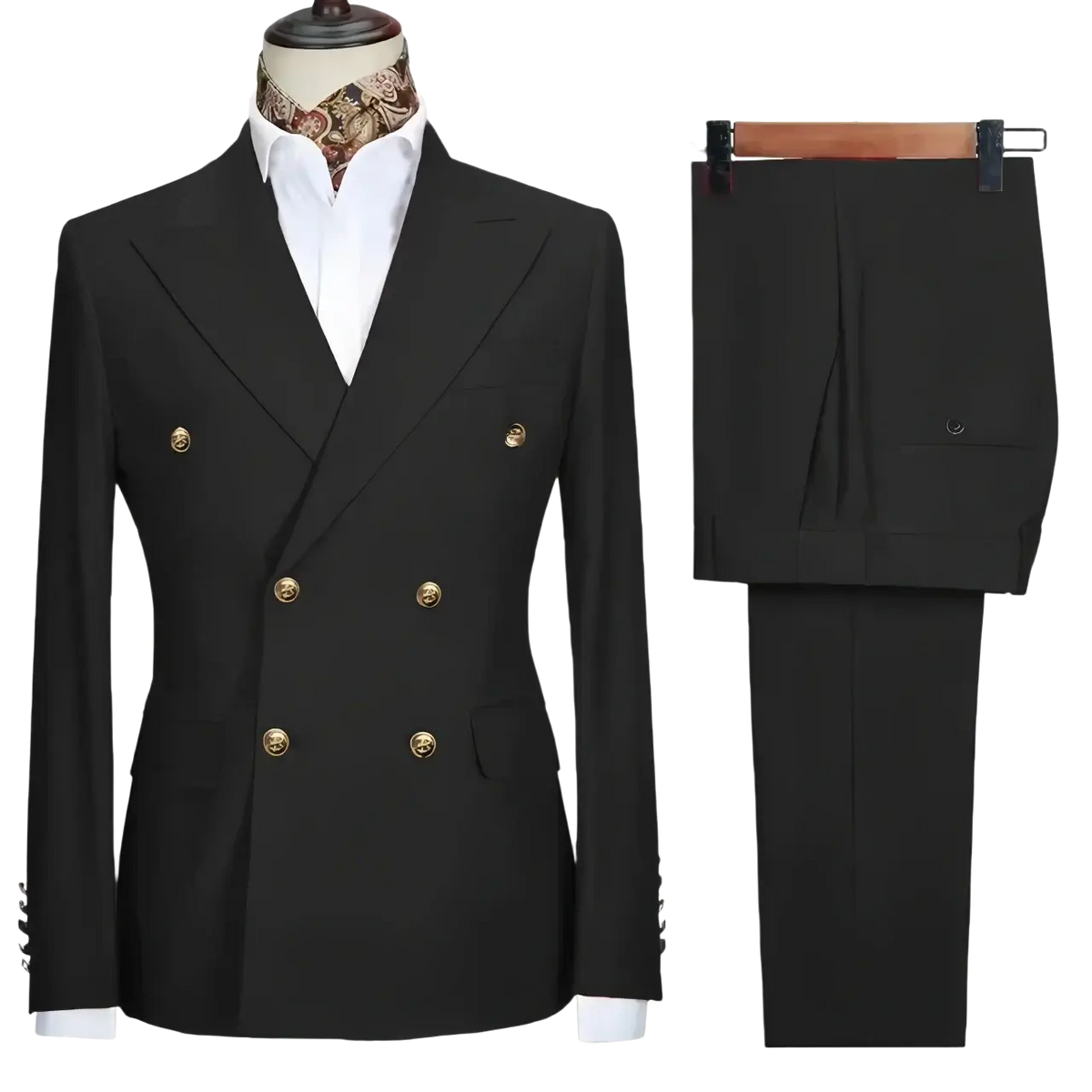 Black double-breasted slim fit suit set with gold-toned buttons and matching trousers for men