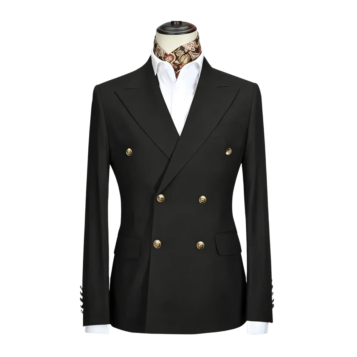 Men double breasted slim fit suit set featuring a black tailored jacket with gold toned buttons for formal wear