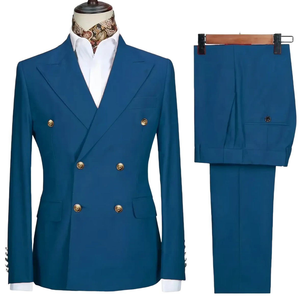 Men double breasted slim fit suit set in blue with gold buttons featuring a tailored design for formal occasions