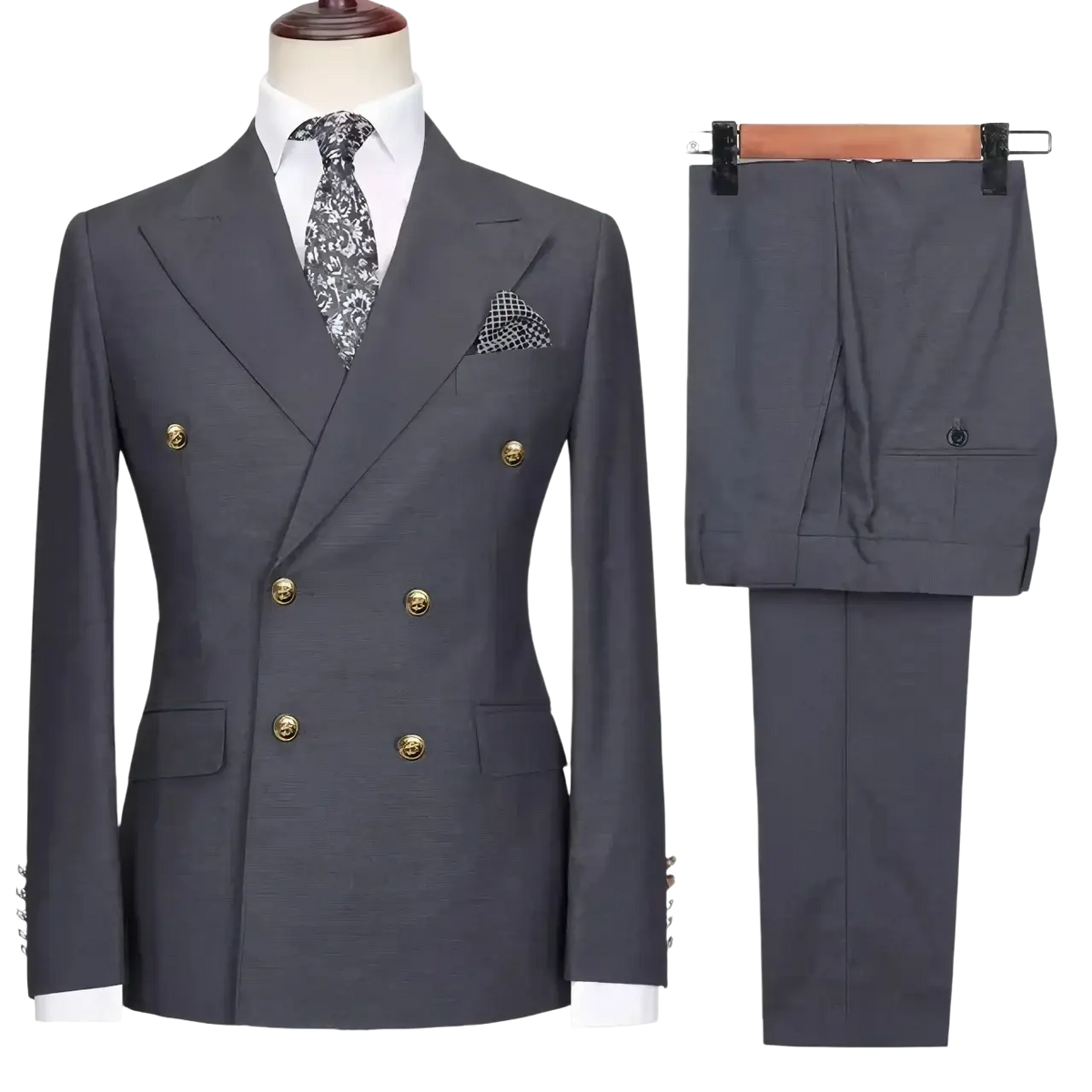 Men double breasted slim fit dark gray suit set with gold toned buttons and matching patterned tie for formal wear