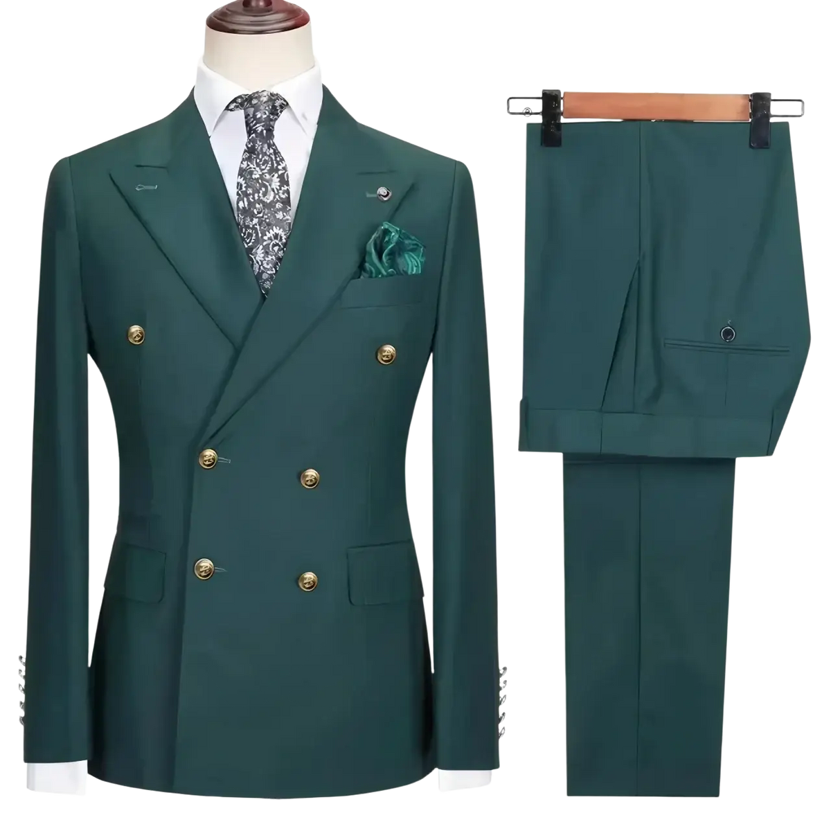 Men double breasted slim fit suit set in dark green with gold buttons and matching trousers for formal occasions