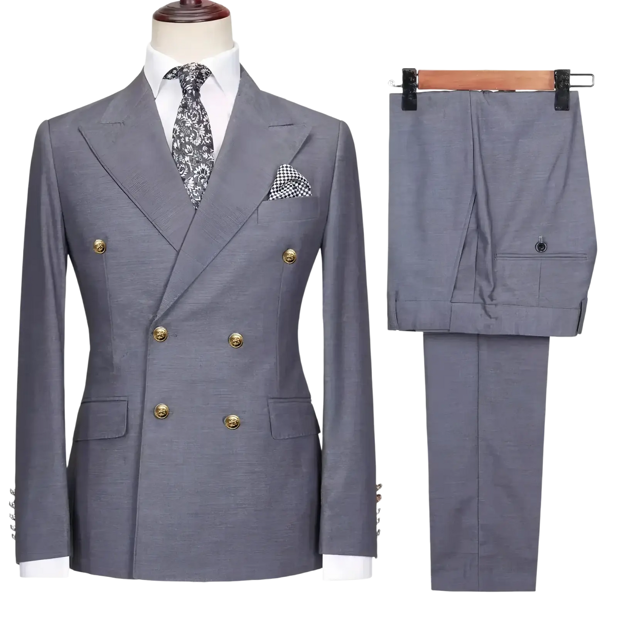 Men double breasted slim fit gray suit set with gold toned buttons and matching patterned pocket square