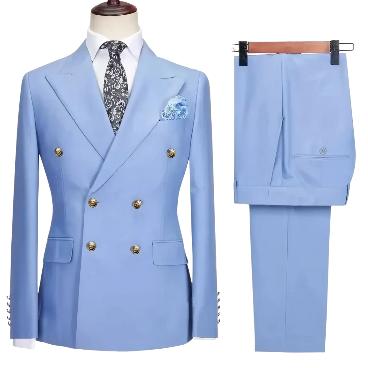 Men double breasted slim fit suit set in light blue with gold buttons and matching slim trousers for formal wear