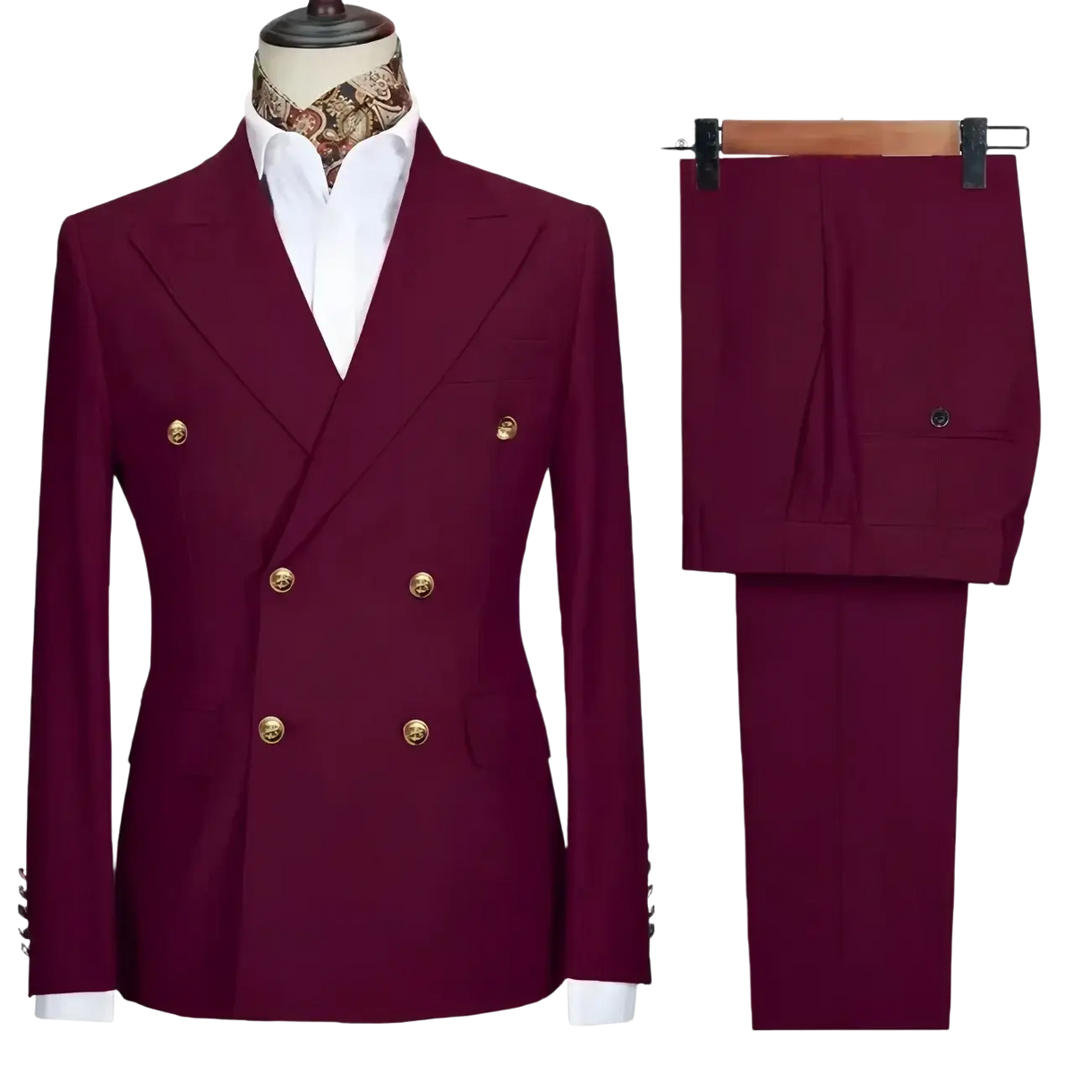 Men double breasted slim fit maroon suit set with gold toned buttons and matching trousers in formal fabric