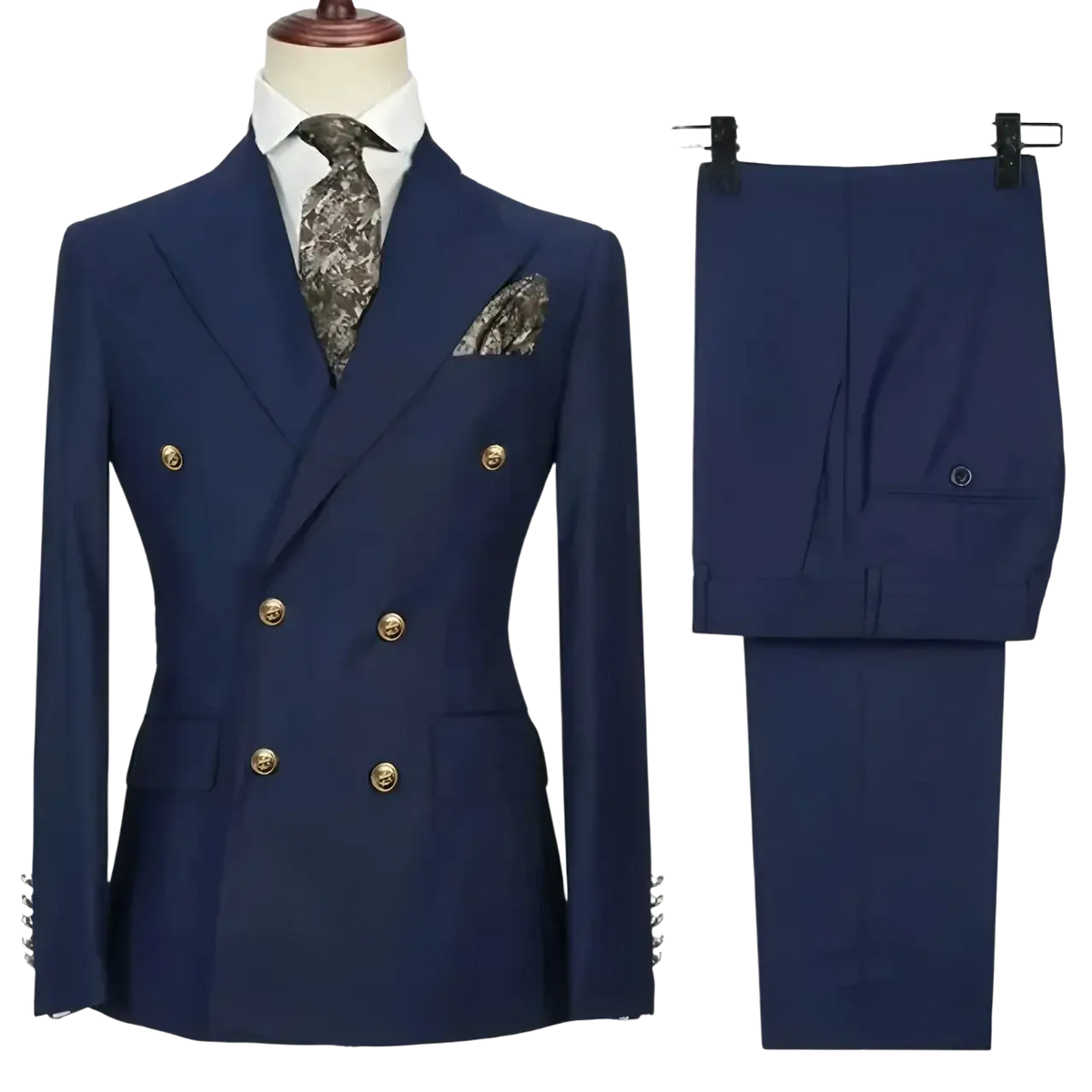 Navy blue men double breasted slim fit suit set with gold buttons and matching patterned tie and pocket square