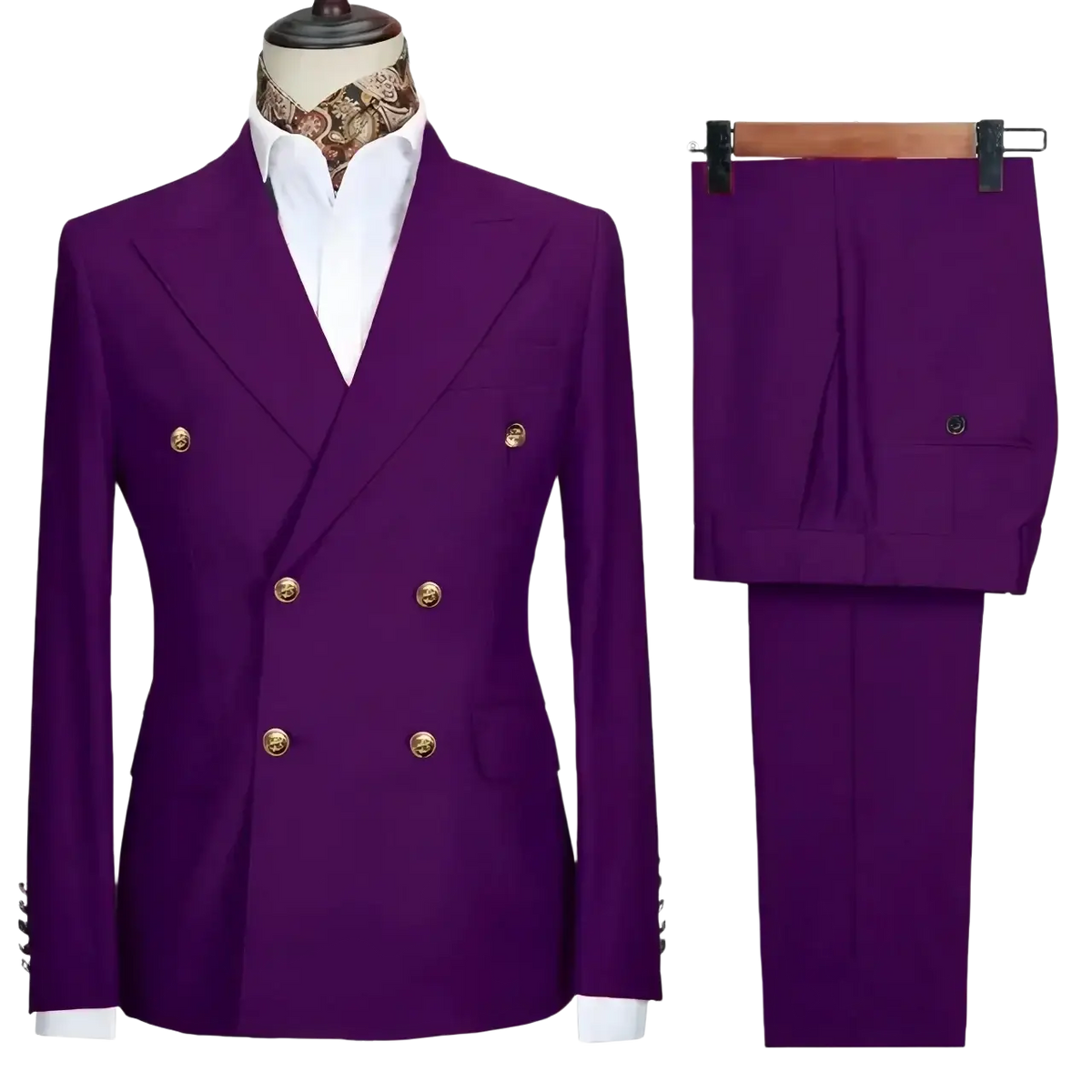Men double breasted slim fit suit set in purple with gold toned buttons and matching trousers in high quality fabric