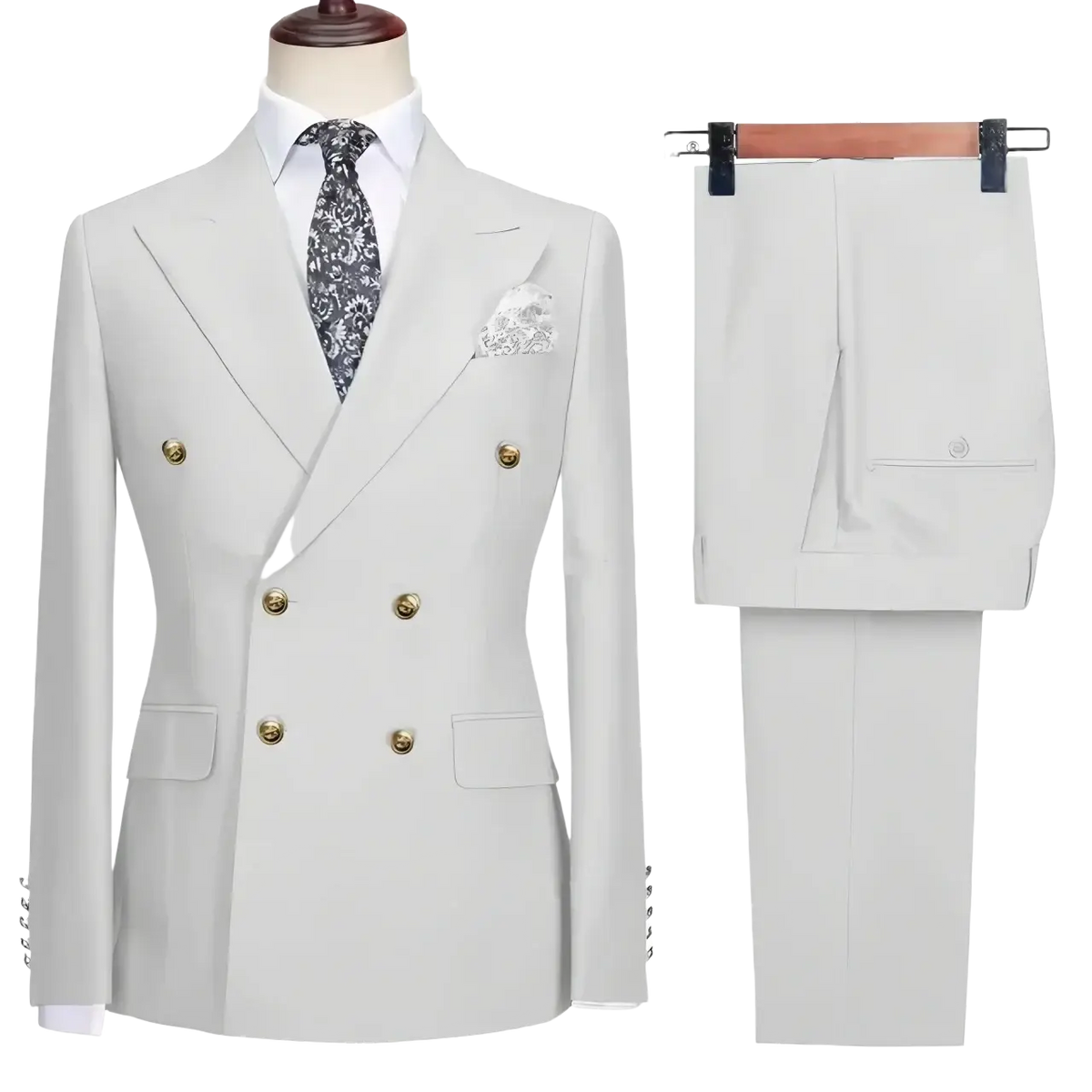 Men double breasted slim fit suit set in sleek light gray with gold toned buttons and matching trousers