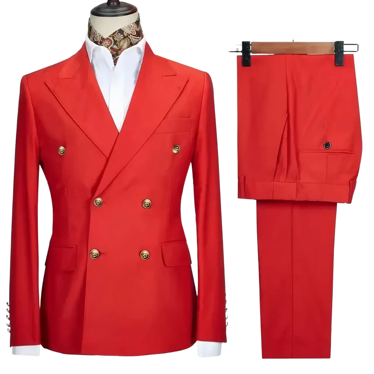 Men double breasted slim fit suit set in vibrant red with gold toned buttons and matching trousers for formal occasions