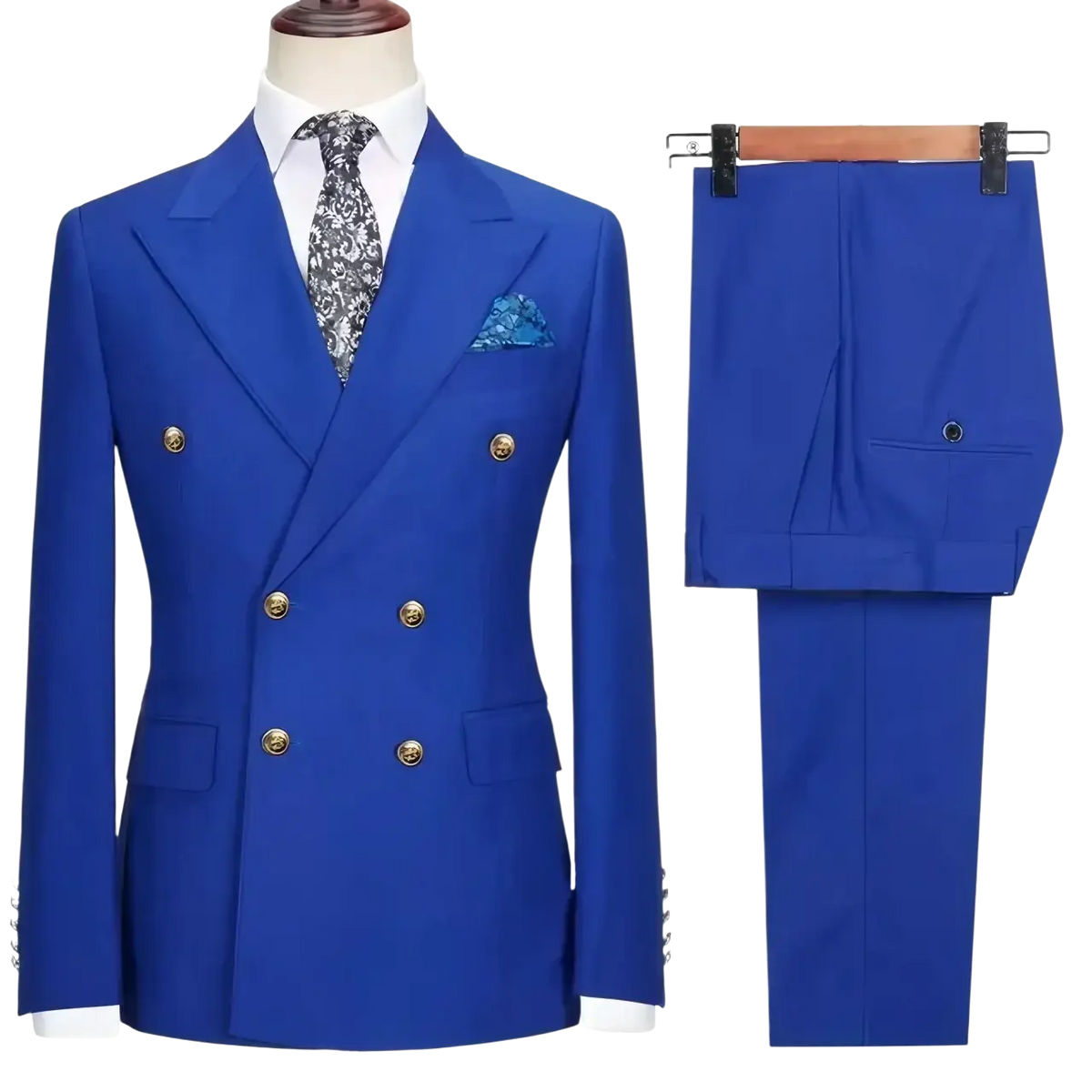 Men double breasted slim fit suit set in vibrant royal blue with gold toned buttons and matching trousers