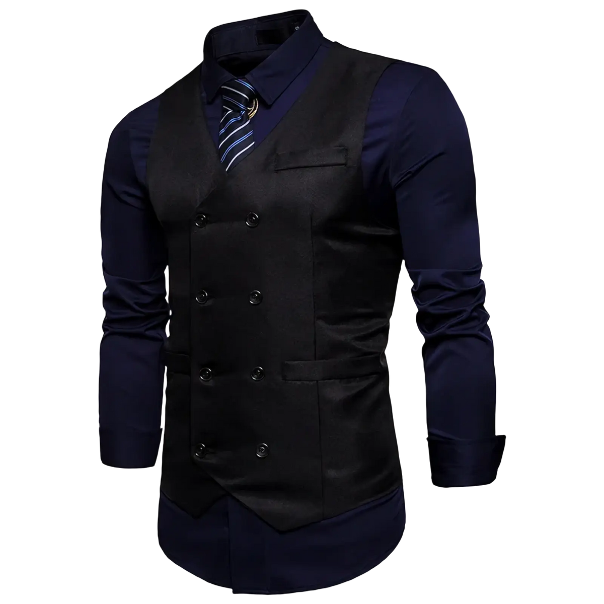 Black double breasted slim fit suit vest with sleek satin finish worn over navy blue shirt and striped tie