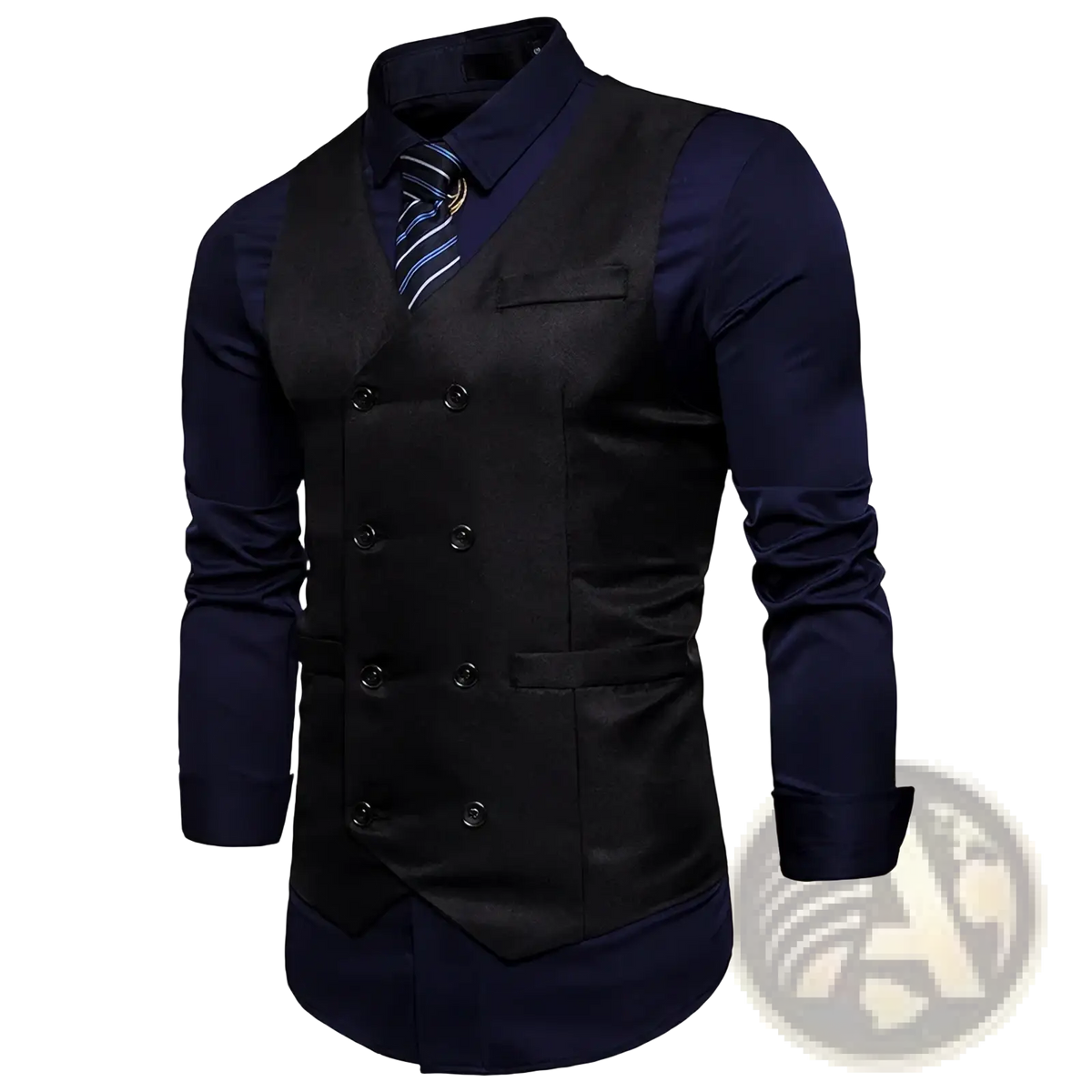 Black double breasted slim fit suit vest with sleek satin finish worn over navy blue shirt and striped tie