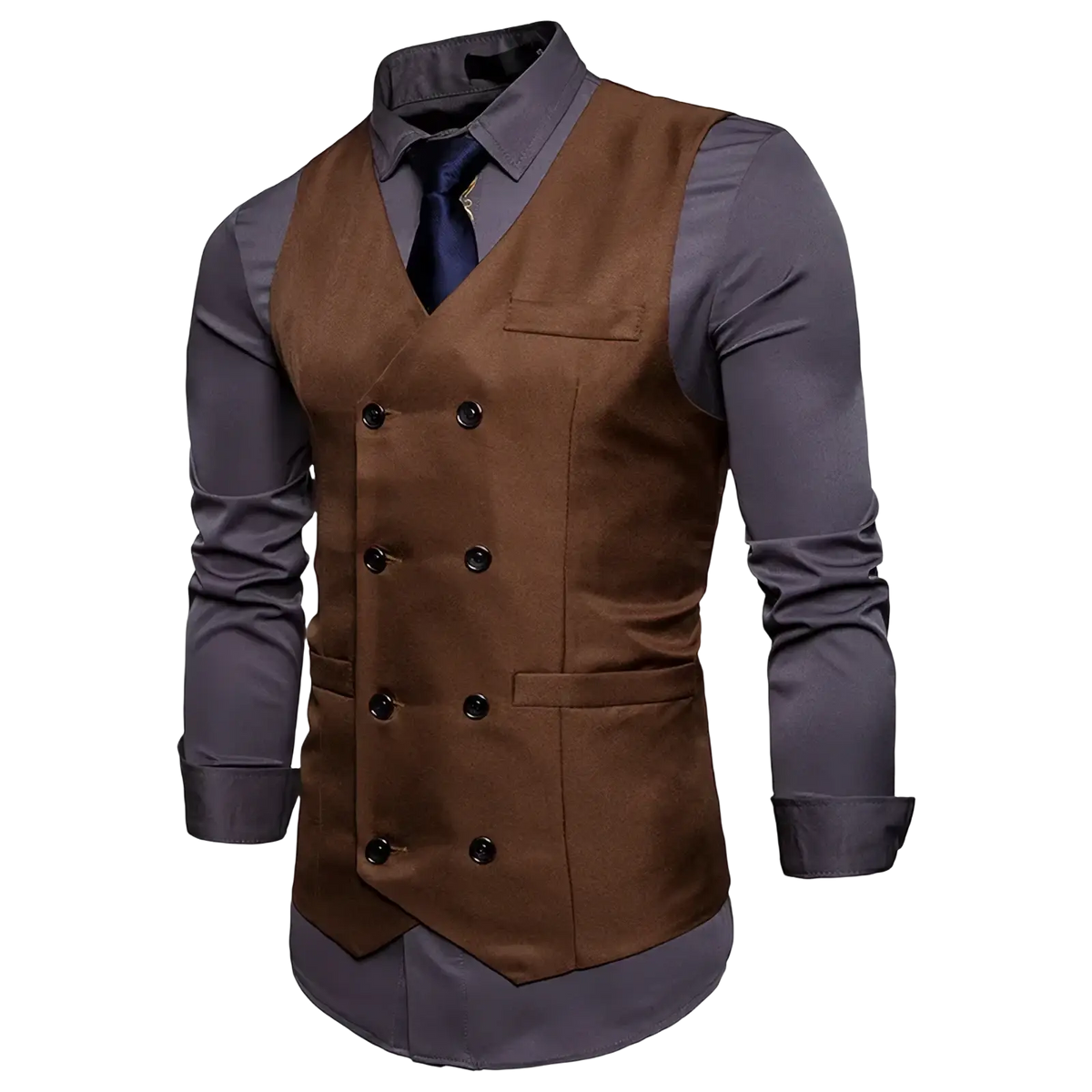 Men double breasted slim fit suit vest in brown with black buttons and subtle texture worn over dark gray dress shirt