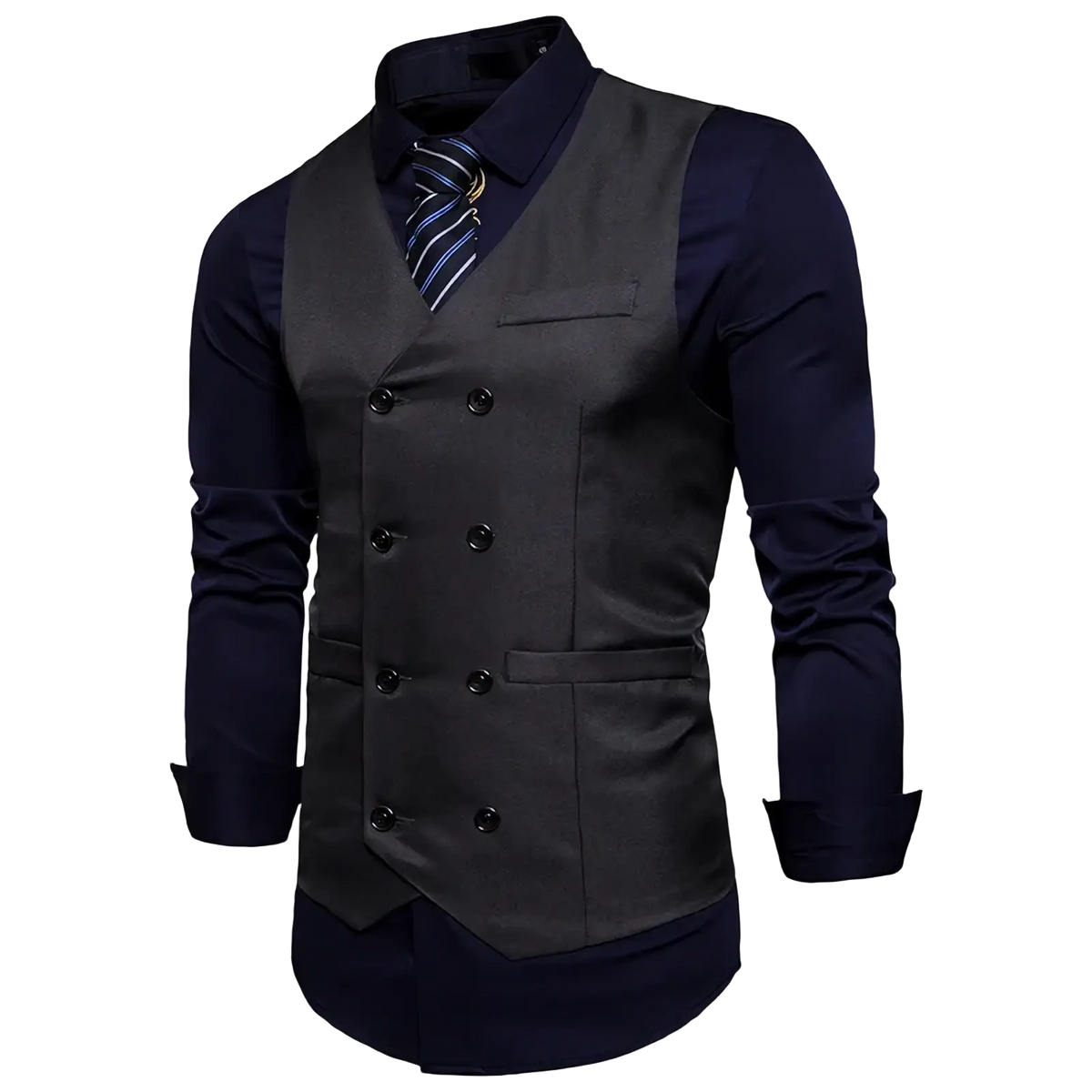 Men double breasted slim fit suit vest in dark gray with black buttons and subtle sheen worn over navy blue dress shirt
