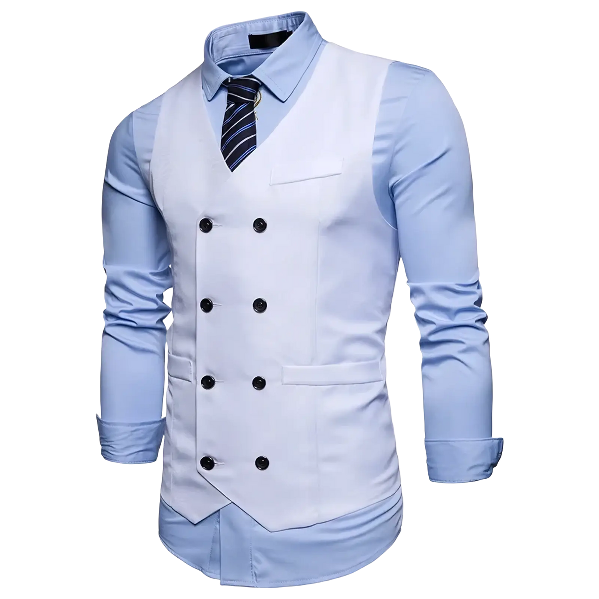 Men double breasted slim fit suit vest in light blue with black buttons paired with a matching collared shirt