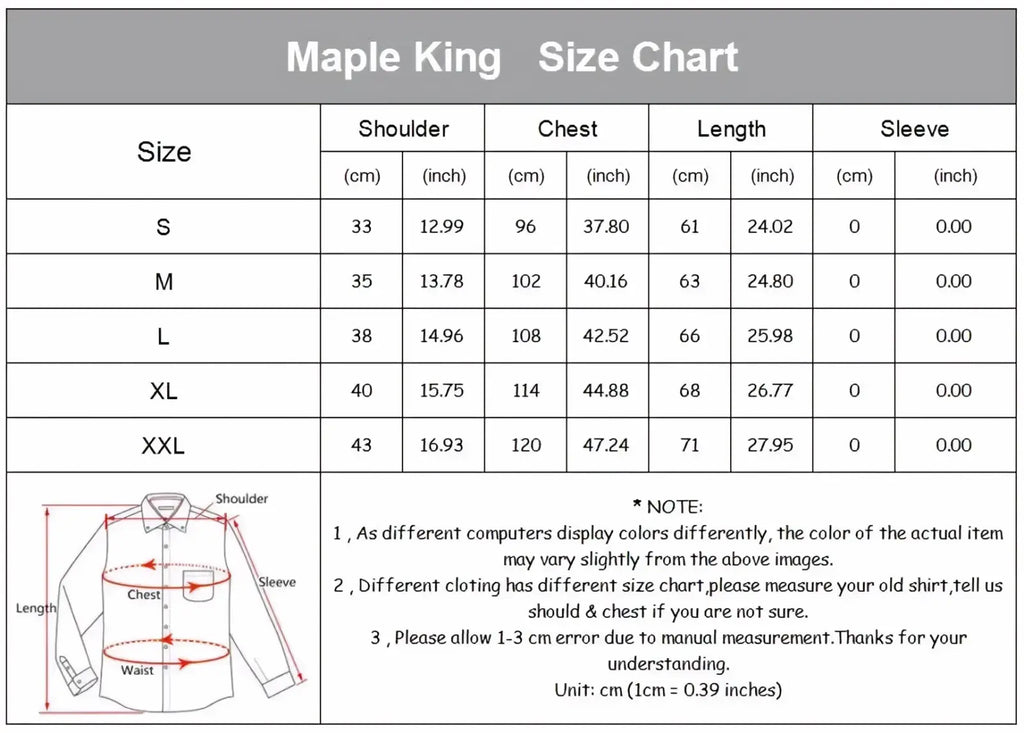 Maple king size chart for men double breasted slim fit suit vest showing measurements in cm and inches from s to xxl with diagram
