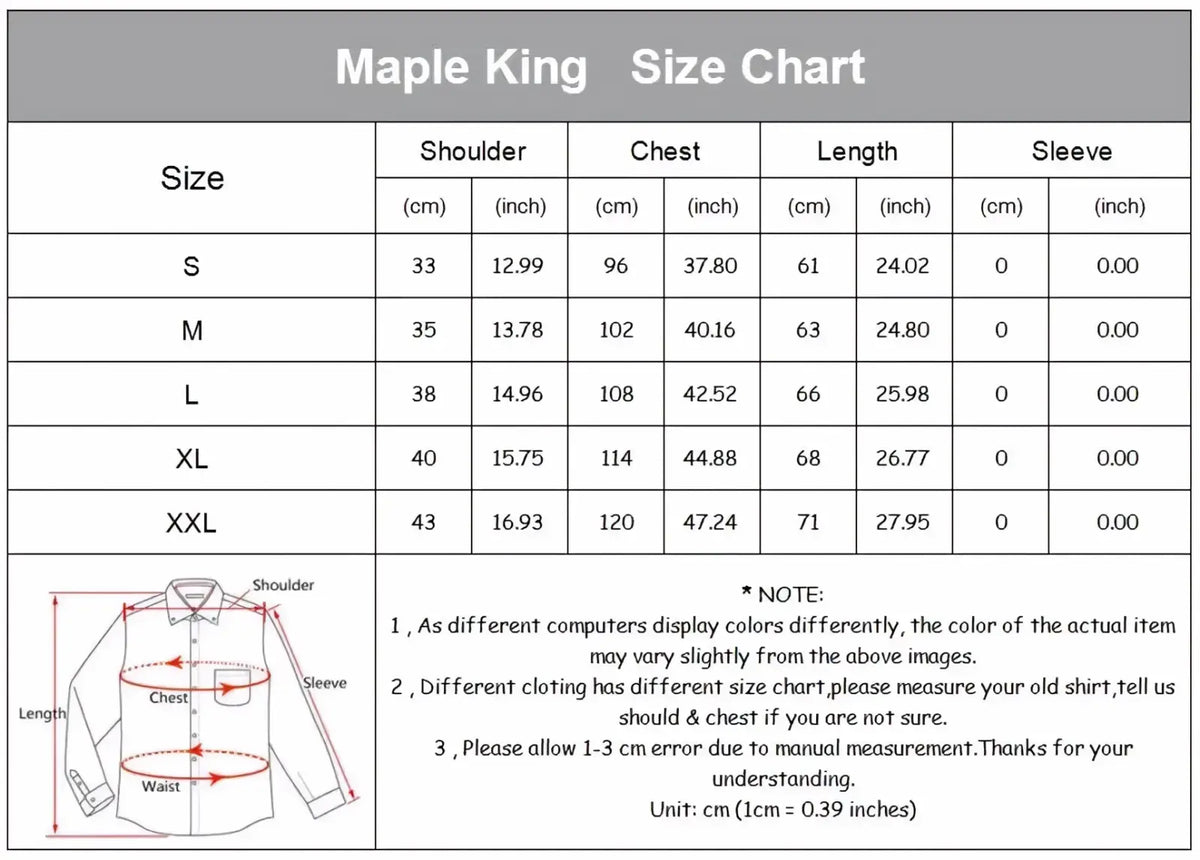 Maple king size chart for men double breasted slim fit suit vest showing measurements in cm and inches from s to xxl with diagram