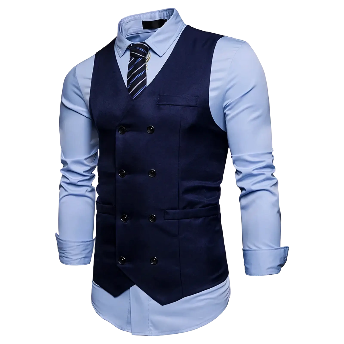 Men double breasted slim fit navy blue suit vest with black buttons and subtle sheen worn over light blue shirt