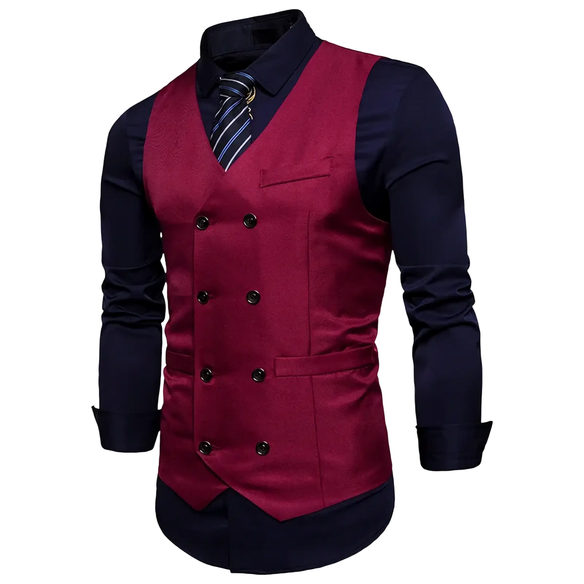 Men double breasted slim fit suit vest in sleek maroon with black buttons and navy blue contrast sleeves paired with shirt