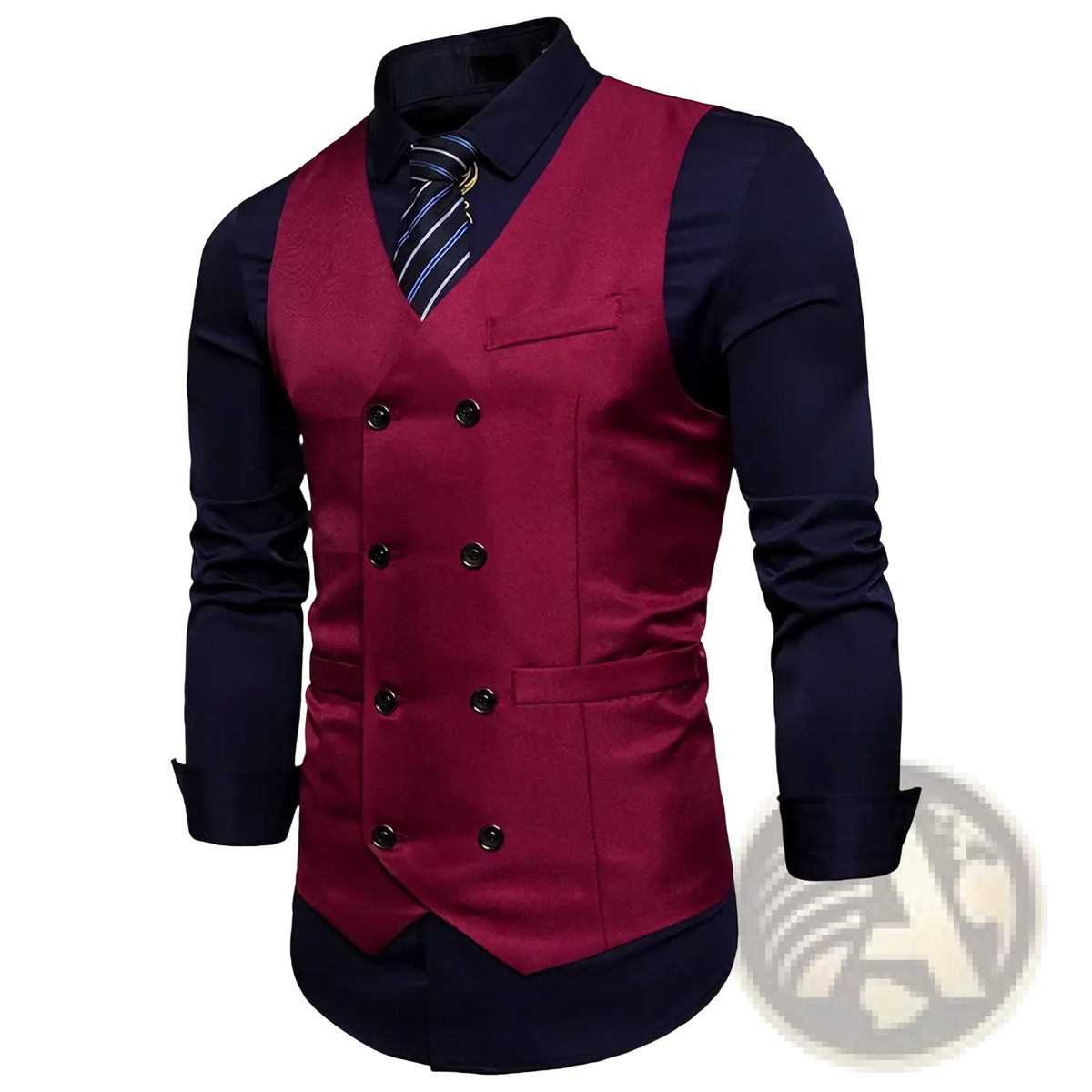 Men double breasted slim fit suit vest in sleek maroon with black buttons and navy blue contrast sleeves paired with shirt