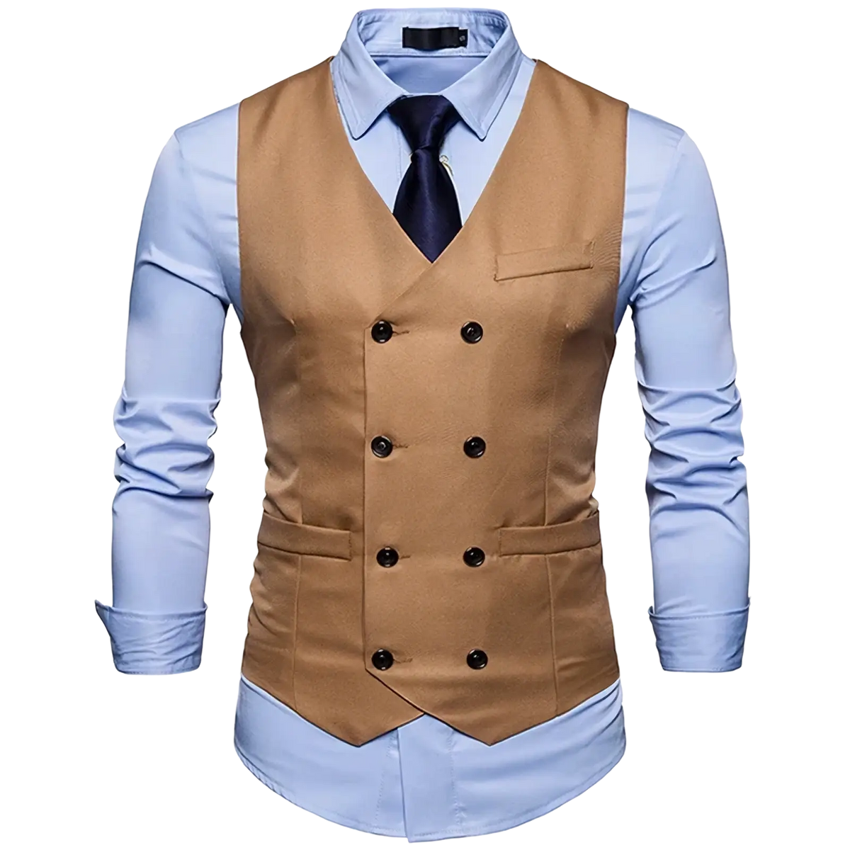 Tan double breasted slim fit suit vest with black buttons and a chest pocket worn over a light blue dress shirt