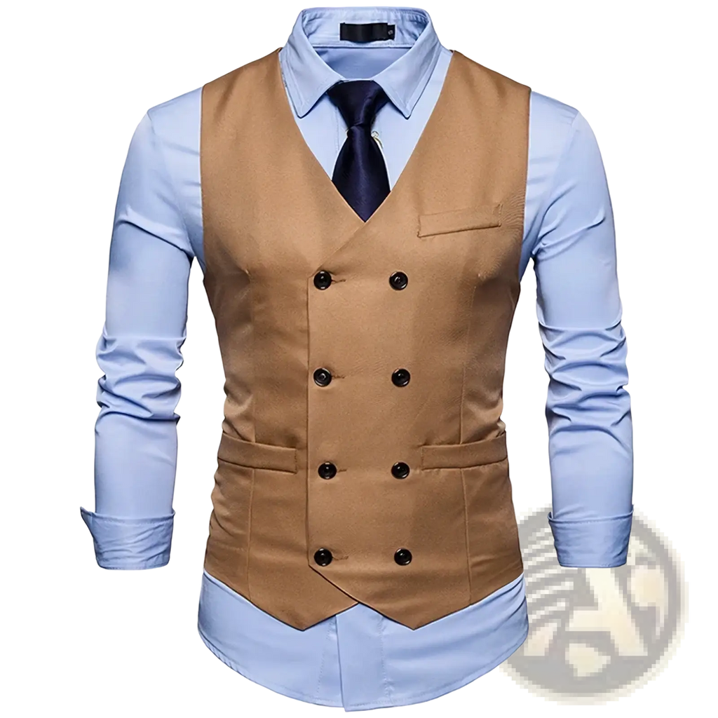 Tan double breasted slim fit suit vest with black buttons and a chest pocket worn over a light blue dress shirt
