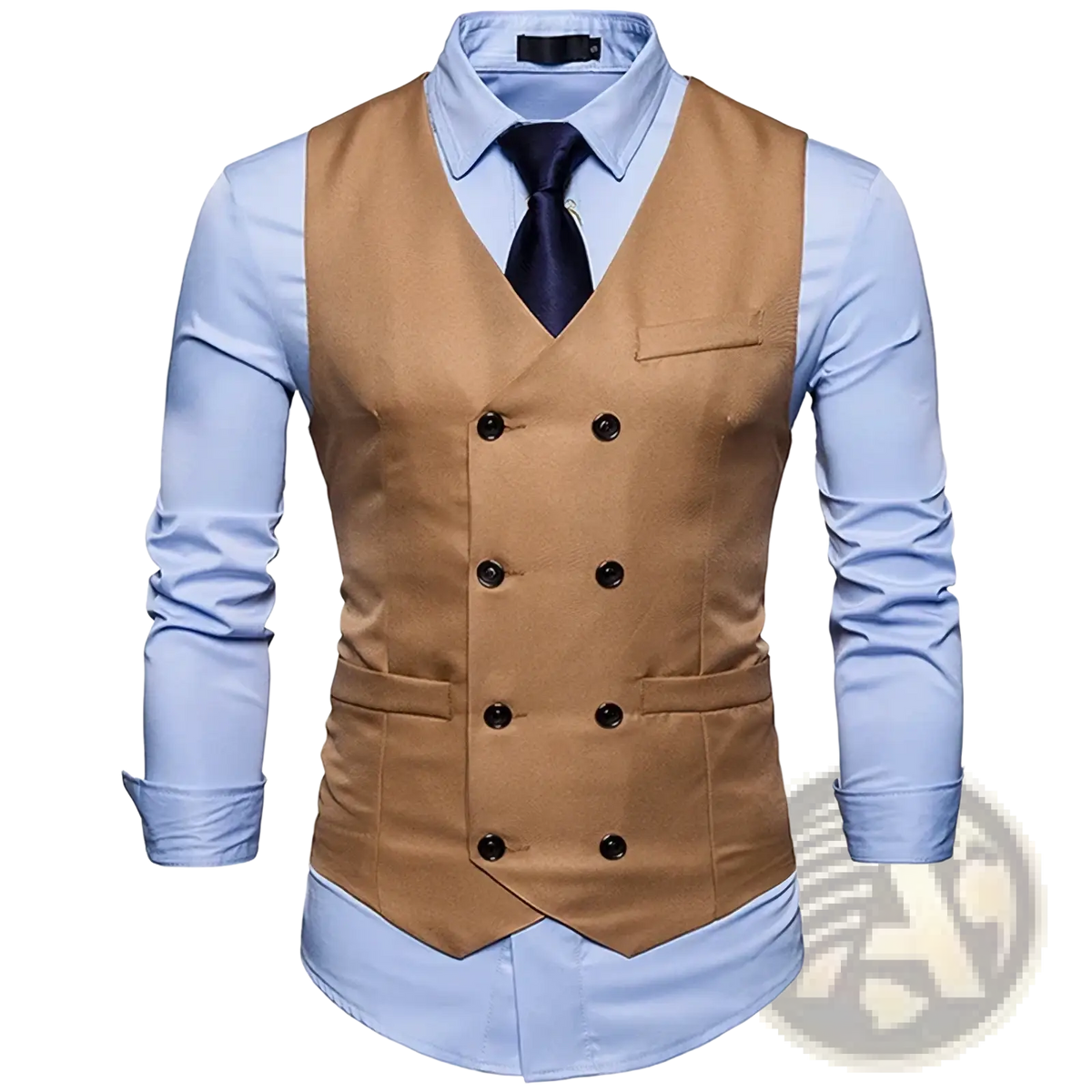 Tan double breasted slim fit suit vest with black buttons and a chest pocket worn over a light blue dress shirt