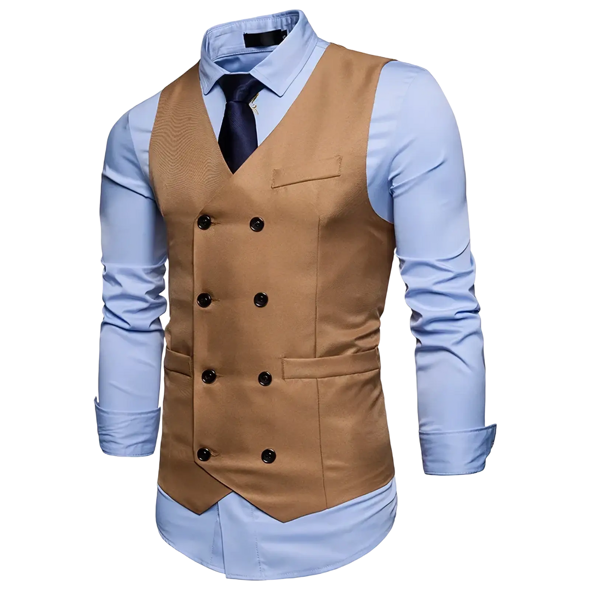 Men double breasted slim fit suit vest in tan with black buttons and subtle textured fabric for formal wear